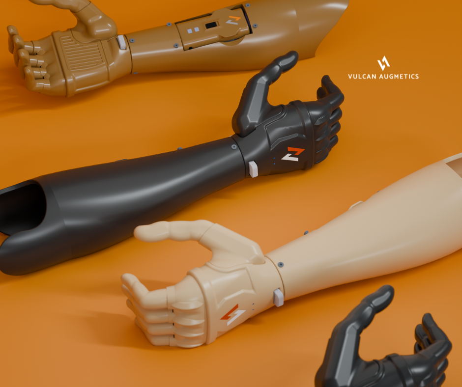 2 black Vulcan prosthetic hands, one fair skin Vulcan prosthetic hand and 1 tanned skin Vulcan prosthetic are placed on an orange background